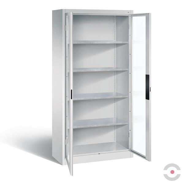 Szafa warsztatowa, 4 półki, szer. 930 mm, gł. 600 mm, szara, szklane drzwi