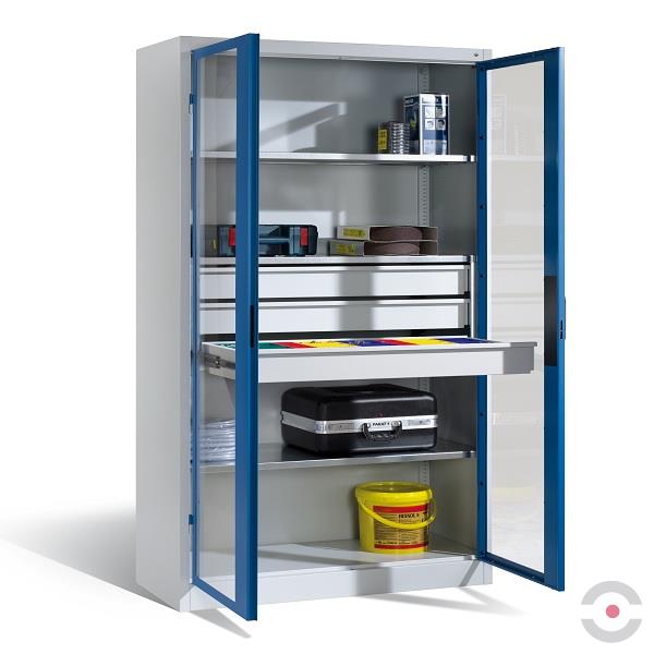 Szafa warsztatowa XL, 3 półki, 3 szuflady, drzwi dwuskrzydłowe, przeszklone, W*S*G 1950*1200*600 mm, szary/niebieski