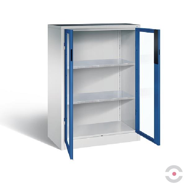Szafa warsztatowa, mata, 2 półki, szer. 930 mm, gł. 500 mm, szaro-niebieska, szklane drzwi