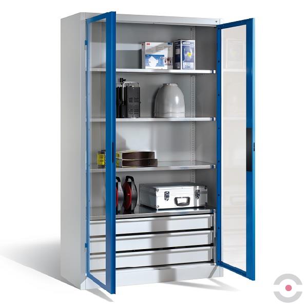 Szafa warsztatowa, 4 półki, 3 szuflady, szer. 1200 mm, gł. 500 mm, szaro-niebieska, szklane drzwi
