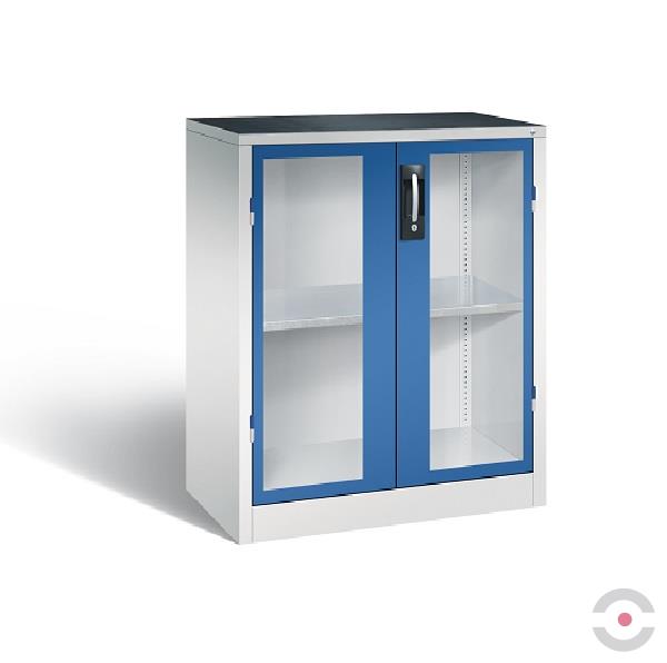 Szafa warsztatowa, mata, 1 półka, szer. 930 mm, gł. 500 mm, szaro-niebieska, szklane drzwi