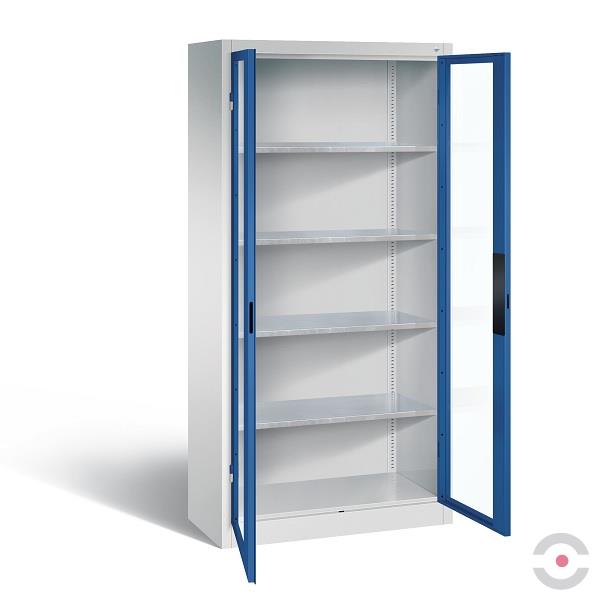 Szafa warsztatowa, 4 półki, szer. 930 mm, gł. 600 mm, szaro-niebieska, szklane drzwi