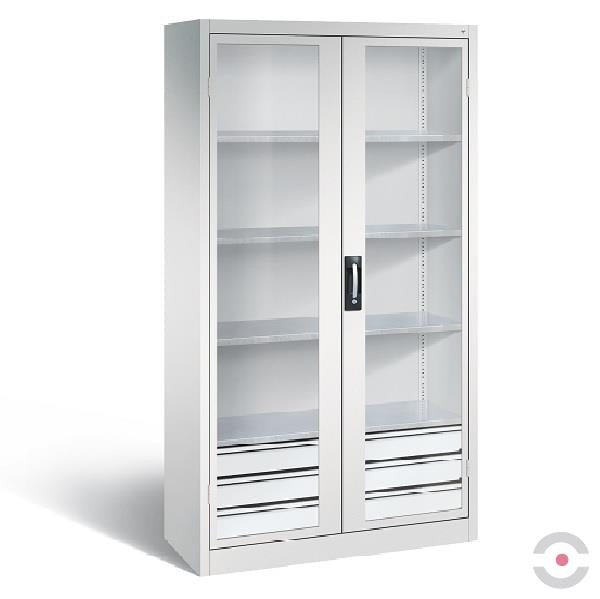 Szafa warsztatowa XL, 4 półki, 3 szuflady, drzwi dwuskrzydłowe, przeszklone, W*S*G 1950*1200*600 mm, szary