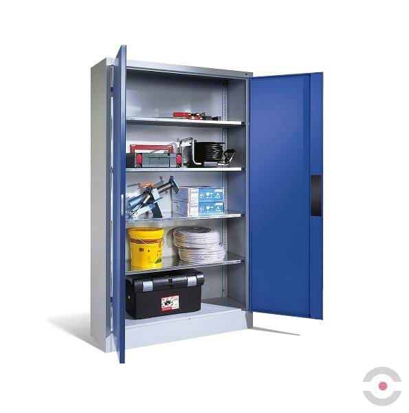 Szafa warsztatowa XL, nośność do 700 kg, 4 półki, drzwi dwuskrzydłowe, W*S*G 1950*1200*500 mm, szary/niebieski