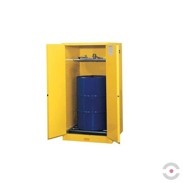 Szafa zabezpieczająca (beczki) Justrite DRUM M, 1*200 l, pion, rolki, 2-drzwiowa MS, 1 półka, żółty