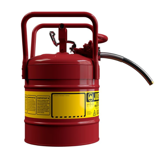 Pojemnik zabezpieczający Justrite stalowy na płyny łatwopalne Typ II, D.O.T. wąż spustowy 25 mm, 19 l, czerwony