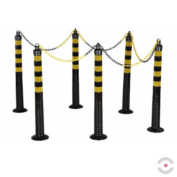 Zestaw 6* słupek, elastyczny, okrągły, śr. 80 mm, W*1000 mm, łańcuch 10 m, żółty/czarny