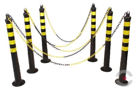 Zestaw 6* słupek, elastyczny, okrągły, śr. 80 mm, W*1000 mm, łańcuch 10 m, żółty/czarny