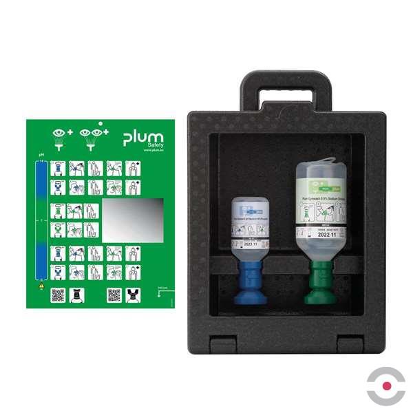Zestaw naścienny zamykany Plum iBOX - roztwór do płukania oka, ciało obce, kwas i zasada, butelka 1*500 ml, 1*200 ml, dozownik z plastrami