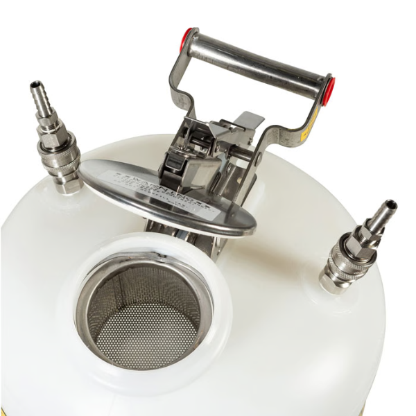 Pojemnik polietylenowy Justrite do zbierania odpadów HPLC, okrągły 7,5 l, złącze 1 SN, złącze 2 SN, biały