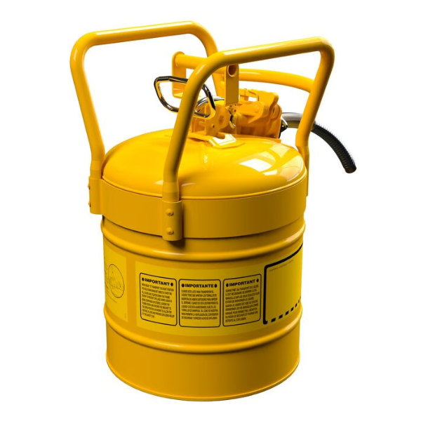 Pojemnik zabezpieczający Justrite stalowy na płyny łatwopalne Typ II, D.O.T. wąż spustowy 16 mm, 19 l, żółty