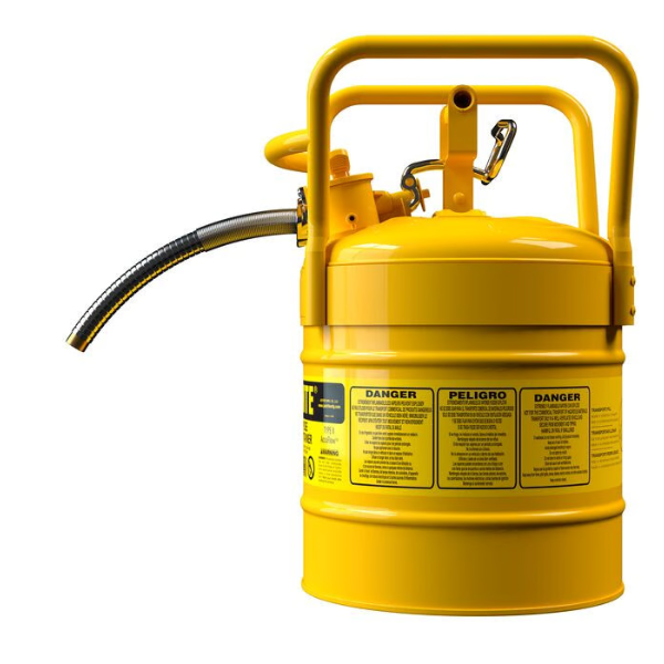 Pojemnik zabezpieczający Justrite stalowy na płyny łatwopalne Typ II, D.O.T. wąż spustowy 25 mm, 19 l, żółty