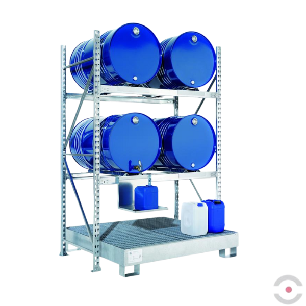 Regał magazynowy Topserw, 2 poziomy skład., 2*2 beczka 200 l poziomo, wanna 210 l kratow., S*G*W 1507*800*2200 mm, moduł podstawowy