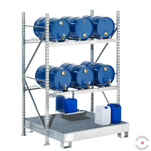 Regał magazynowy Topserw, 2 poziomy skład., 2*3 60 l beczka poziomo, wanna 210 l kratow., S*G*W 1507*800*2200 mm, moduł podstawowy