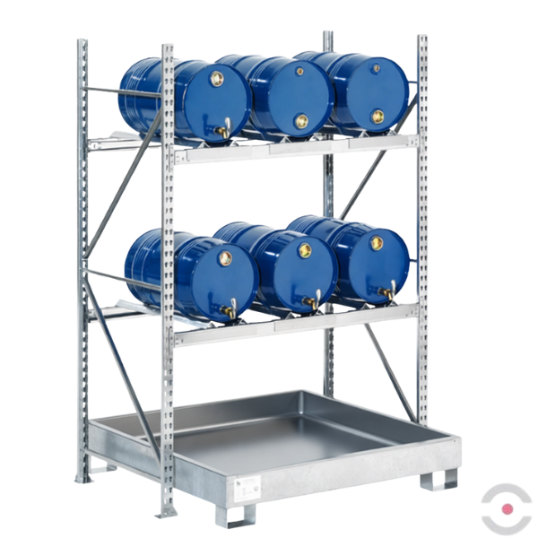 Regał magazynowy Topserw, 2 poziomy skład., 2*3 60 l beczka poziomo, wanna 210 l b/kratow., S*G*W 1507*800*2200 mm, moduł podstawowy