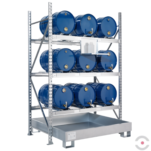 Regał magazynowy Topserw, 3 poziomy skład., 3*3 60 l beczka poziomo, wanna 210 l b/kratow., S*G*W 1507*800*2200 mm, moduł dodatkowy