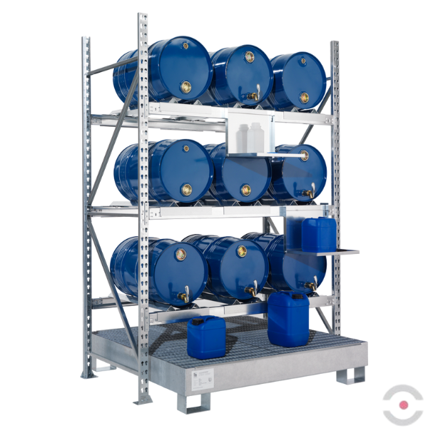 Regał magazynowy Topserw, 3 poziomy skład., 3*3 60 l beczka poziomo, wanna 210 l kratow., S*G*W 1507*800*2200 mm, moduł podstawowy
