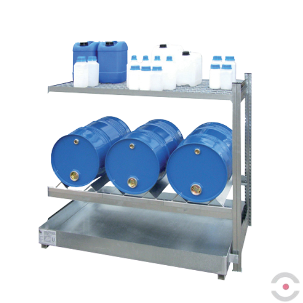 System regałowy, 2 poziomy skład., 3*beczka 60 l poziomo, 1*półka (kratownica), wanna 60 l, S*G*W 1360*635*1150 mm, moduł dodatkowy