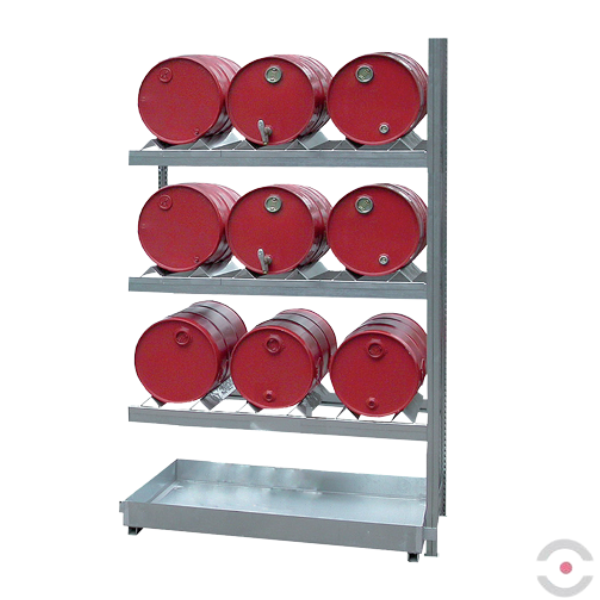 System regałowy, 3 poziomy skład., 3*3 beczka 60 l poziomo, wanna 60 l, S*G*W 1360*635*2000 mm, moduł dodatkowy