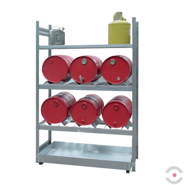 System regałowy, 3 poziomy skład., 2*3 beczka 60 l poziomo, 1*półka (kratownica), wanna 60 l, S*G*W 1360*635*2000 mm, moduł podstawowy