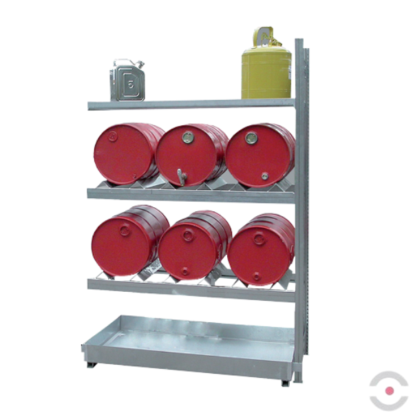 System regałowy, 3 poziomy skład., 2*3 beczka 60 l poziomo, 1*półka (kratownica), wanna 60 l, S*G*W 1360*635*2000 mm, moduł dodatkowy