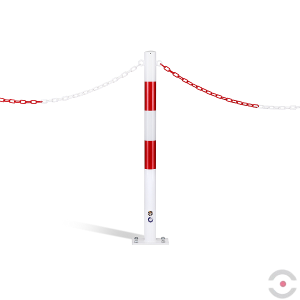 Słupek stalowy, okrągły, śr. 60 mm, do podłogi, niski, 2*uchwyt oczkowy, biały/czerwony