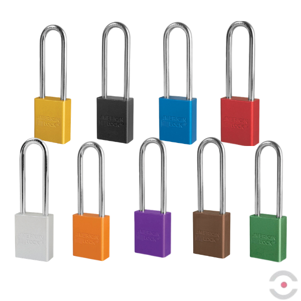 Kłódka zabezpieczająca, korpus anod. aluminium, bardzo długi kabłąk stal borowa 6 mm, cylinder 5 bolców, wykrywalna, klucz KA, pomarańczowa