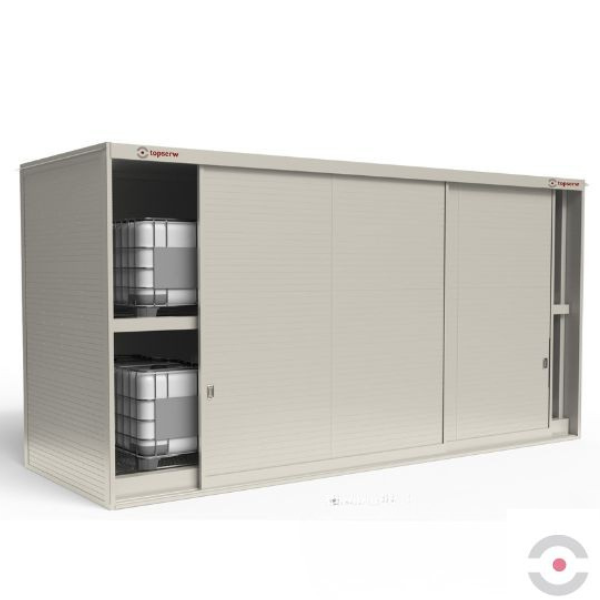 Magazyn substancji niebezpiecznych izolowany Topserw, WSC 2 poziomy/2 segmenty, 12*1000 l KTC/IBC, jednostronny, 1*drzwi przesuwne