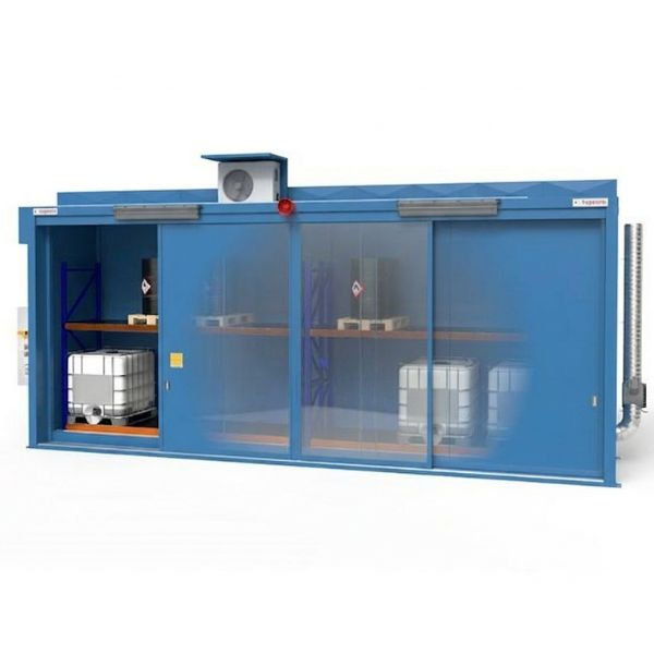 Magazyn ognioodporny Topserw, REI120, 2 poziomy/2 segmenty, 12*1000 l KTC/IBC lub 48*200 l beczka, 2*1000 l, drzwi przesuwne