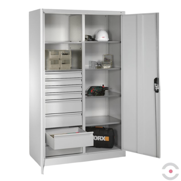 Szafa warsztatowa XL, 6 półek, 8 szuflad, drzwi dwuskrzydłowe, W*S*G 1950*1200*500 mm, szary