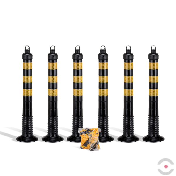 Zestaw 6* słupek, elastyczny, okrągły, śr. 80 mm, W*750 mm, łańcuch 10 m, żółty/czarny