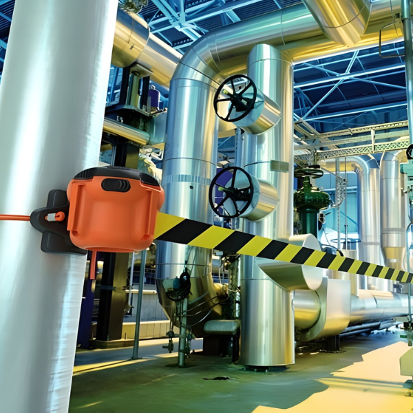 Kaseta XS z wyciąganą taśmą ostrzegawczą (żółto-czarna), dł. 9 m, pomarańczowy