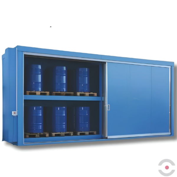Magazyn ognioodporny Topserw, EI90, 2 poziomy/2 segmenty, 12*1000 l KTC/IBC lub 48*200 l beczka, 2*1000 l, drzwi przesuwne