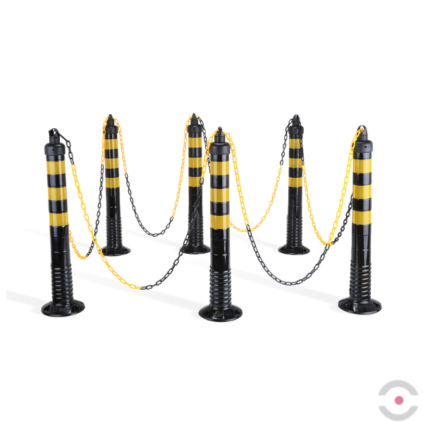 Zestaw 6* słupek, elastyczny, okrągły, śr. 80 mm, W*750 mm, łańcuch 10 m, żółty/czarny