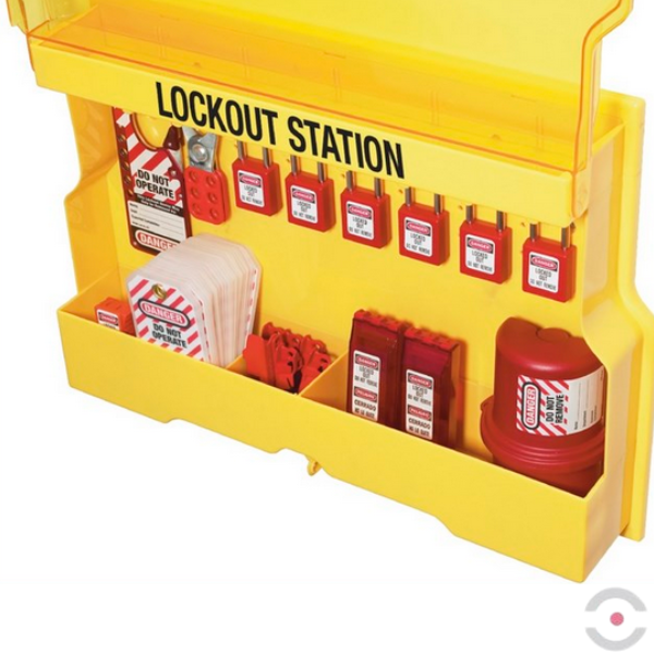 Zestaw blokad, kłódek, zawieszek, tablica ścienna 1*S1850, kłódka 6*410RED, blokady urządzeń elektrycznych