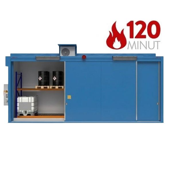 Magazyn ognioodporny Topserw, REI120, 2 poziomy/2 segmenty, 12*1000 l KTC/IBC lub 48*200 l beczka, 2*1000 l, drzwi przesuwne