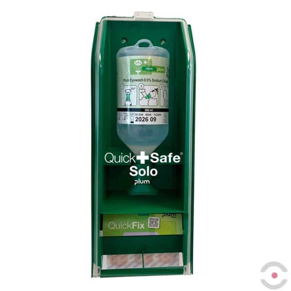 Zestaw naścienny Plum SOLO - roztwór do płukania oka, ciało obce, butelka 1*500 ml, chlorek sodu 0,9%, 1*plastry wodoodporne (45 sztuk)