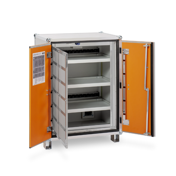 Szafa zabezpieczająca Topserw BATT M, ładowanie akumulatorów, 230V, 3 półki, 18 gniazd, nóżki, Basic 8/10, (VDMA 24994)