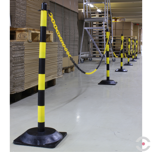 Zestaw 6 słupków, okrągłe, śr. 40 mm, łańcuch 10 m, 6*podstawa, polietylen, żółty/czarny