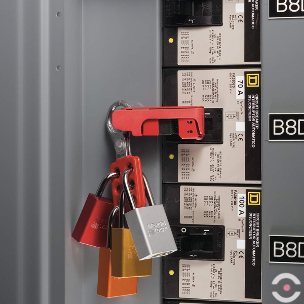 Blokada klamrowa, korpus i kabłąk stalowy 7 mm, szczęka 38 mm, 6 kłódek (6.35 mm), zabezp.dwustronne, czerwona