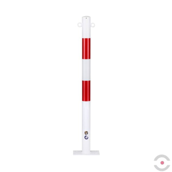Słupek stalowy, okrągły, śr. 60 mm, do podłogi, niski, 2*uchwyt oczkowy, biały/czerwony