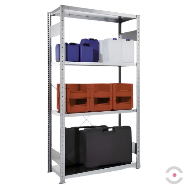 Regał półkowy, wtykowy, moduł podstawowy, 4 półki, 2 ramy, 4 napinacze, W*S*G 2500*1056*436 mm, stalowy