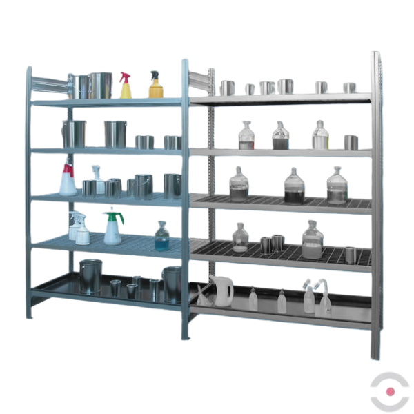 Regał półkowy Topserw, 4*półka (kratownica), 1*półka (taca wychwytowa PE), moduł podstawowy, S*G*W 1060*635*2000 mm