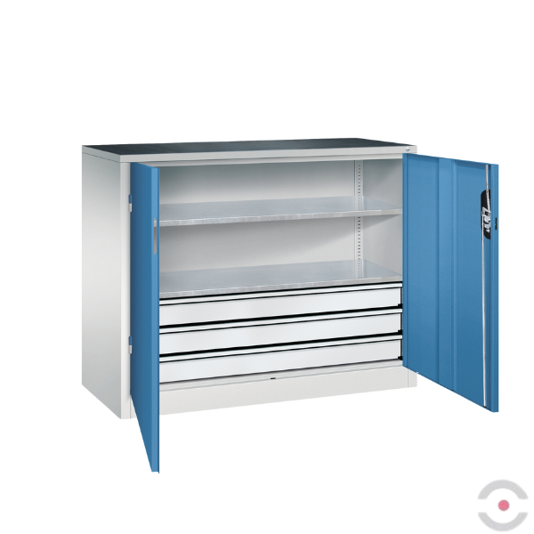 Szafa warsztatowa M, 2 półki, 3 szuflady, mata, drzwi dwuskrzydłowe, W*S*G 1000*1200*400 mm, szary/niebieski