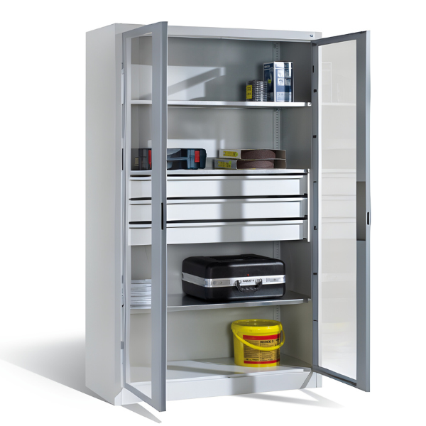Szafa warsztatowa XL, 3 półki, 3 szuflady, drzwi dwuskrzydłowe, przeszklone, W*S*G 1950*1200*500 mm, szary