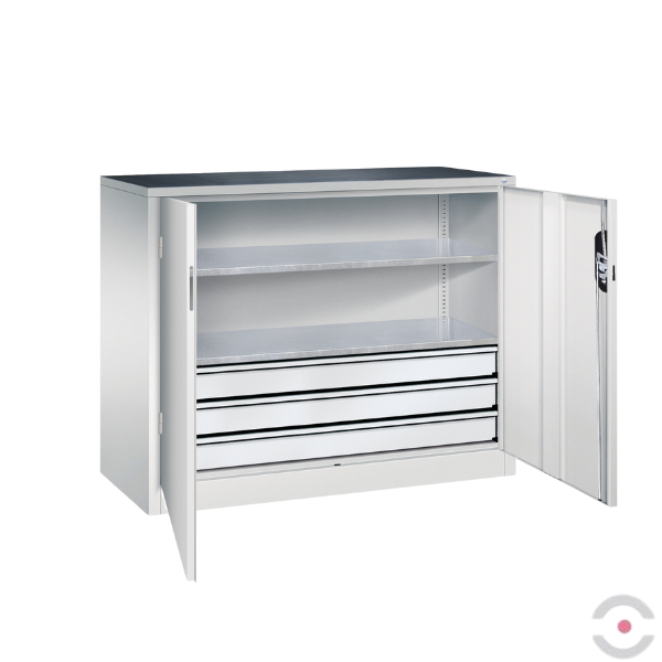 Szafa warsztatowa M, 2 półki, 3 szuflady, mata, drzwi dwuskrzydłowe, W*S*G 1000*1200*500 mm, szary