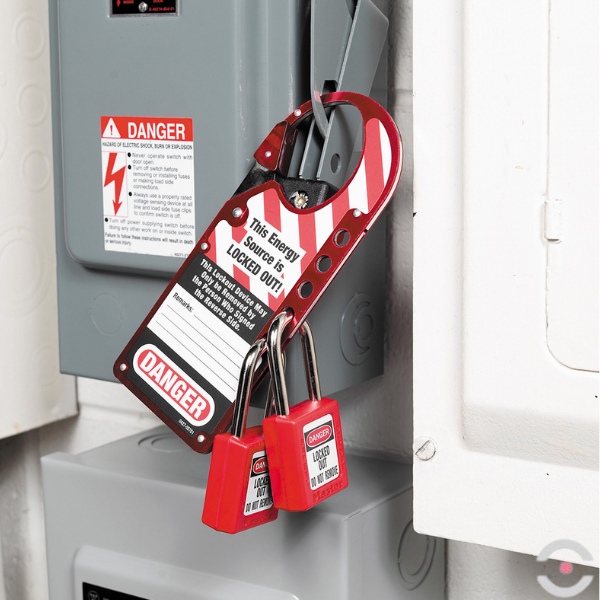 Blokada klamrowa/zawieszka ostrzegawcza, szczęki sprężynowe, na 5 kłódek, czerwona