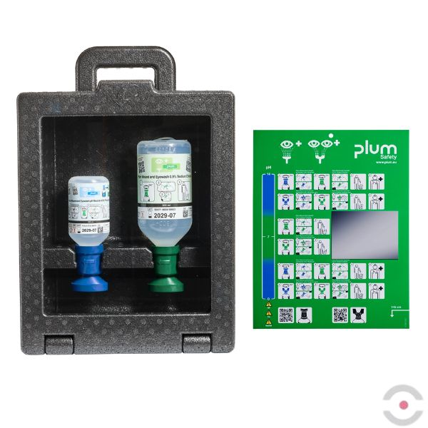 Zestaw naścienny zamykany Plum iBOX - roztwór do płukania oka i ran, ciało obce, kwas i zasada, butelka 1*500 ml, 1*200 ml, piktogram, MDR