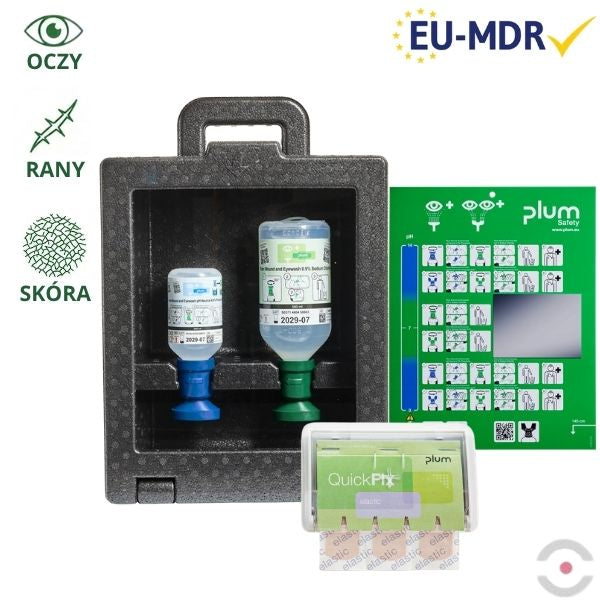 Zestaw naścienny zamykany Plum iBOX - roztwór do płukania oka i ran, ciało obce, kwas i zasada, butelka 1*500 ml, 1*200 ml, dozownik z plastrami, MDR