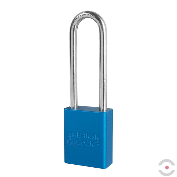 Kłódka zabezpieczająca, korpus anod. aluminium, bardzo długi kabłąk stal borowa 6 mm, cylinder 5 bolców, wykrywalna, klucz KD/MK, niebieska